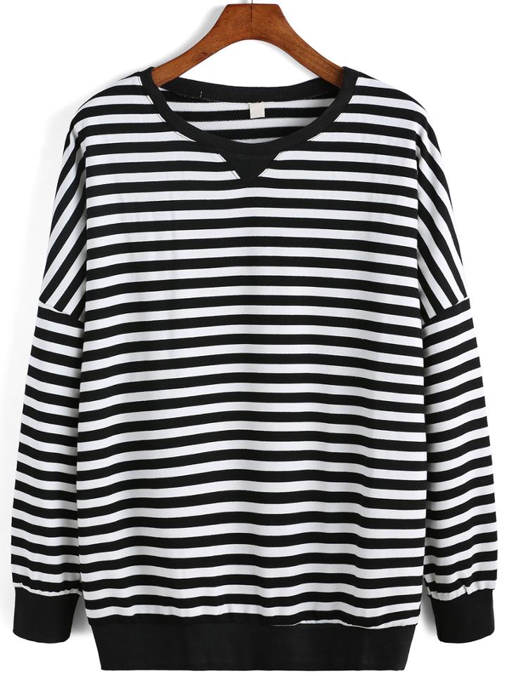 Romwe Striped Oversized Black Sweatshirt