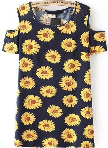 Romwe Open Shoulder Sunflower Print Dress