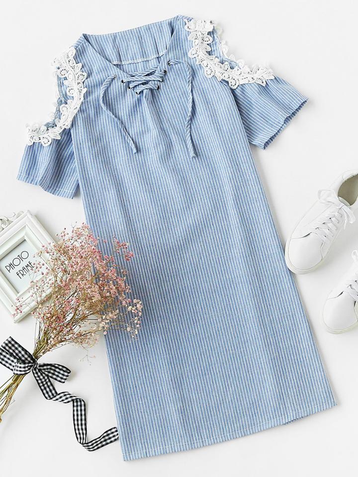 Romwe Open Shoulder Pinstripe Eyelet Lace Up Lace Trim Dress