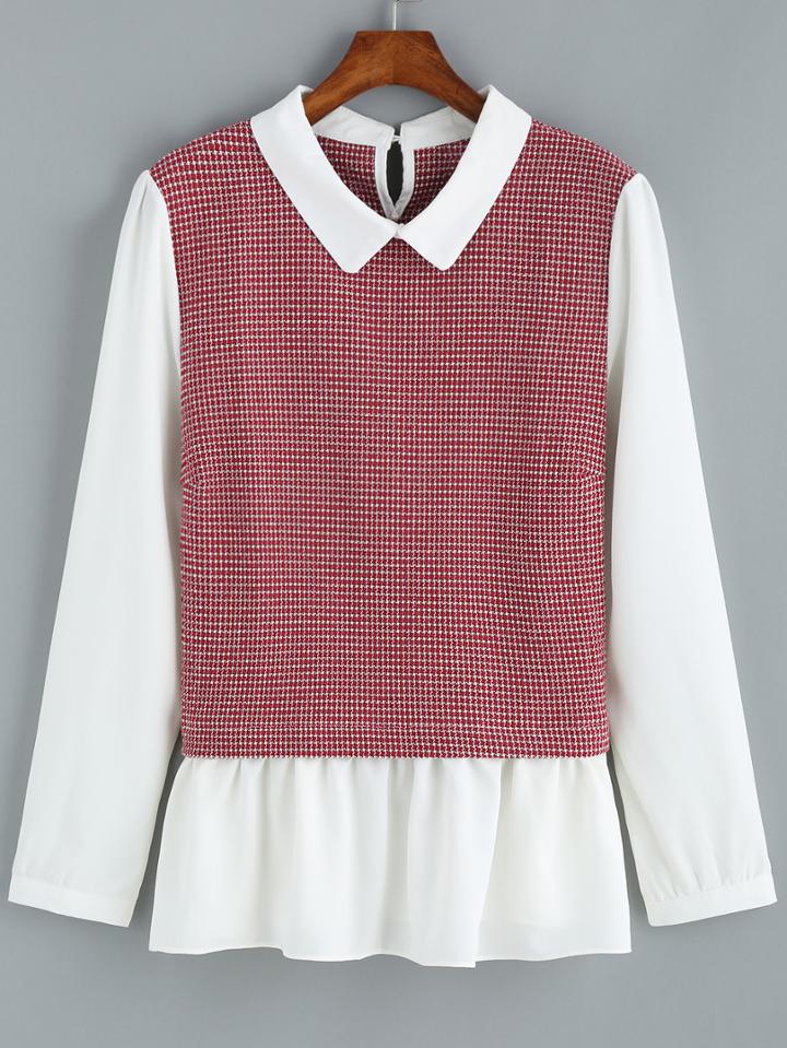 Romwe Contrast Collar Plaid Peplum Hem Red Blouse