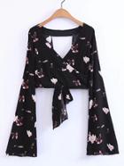 Romwe Surplice Bell Sleeve Knot Open Back Top