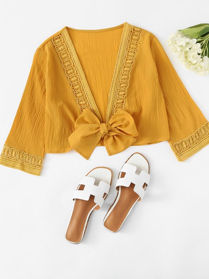Romwe Lace Insert Knot Front Blouse