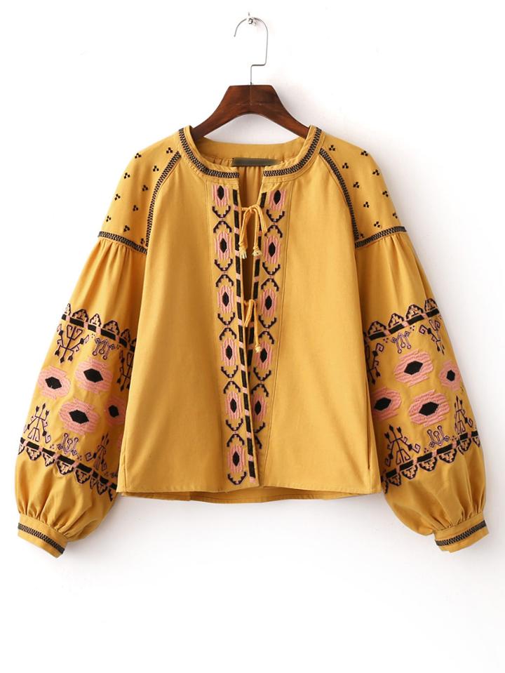 Romwe Yellow Lantern Sleeve Self Tie Embroidery Blouse