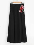 Romwe Embroidered Flower Applique M-slit Skirt