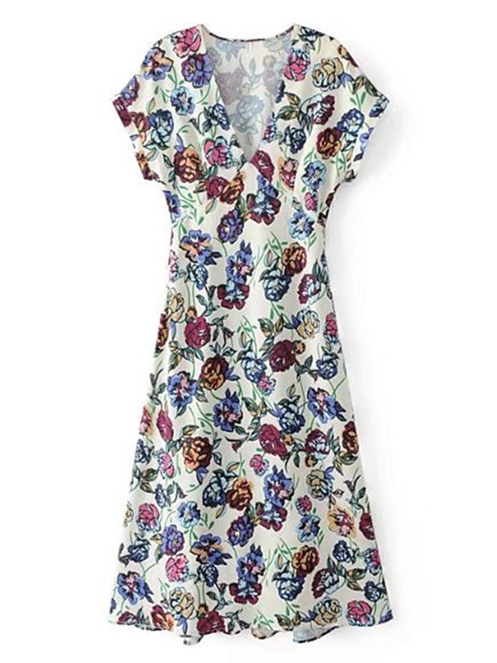 Romwe Floral Print Pleated Back Dress