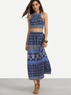 Romwe Navy Tribal Print Knotted Back Crop Top With Skirt