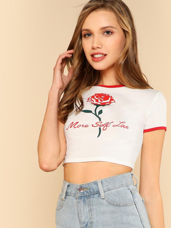 Romwe Mixed Print Crop Ringer Top