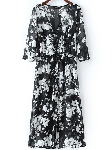 Romwe V Neck Florals Chiffon Black Dress