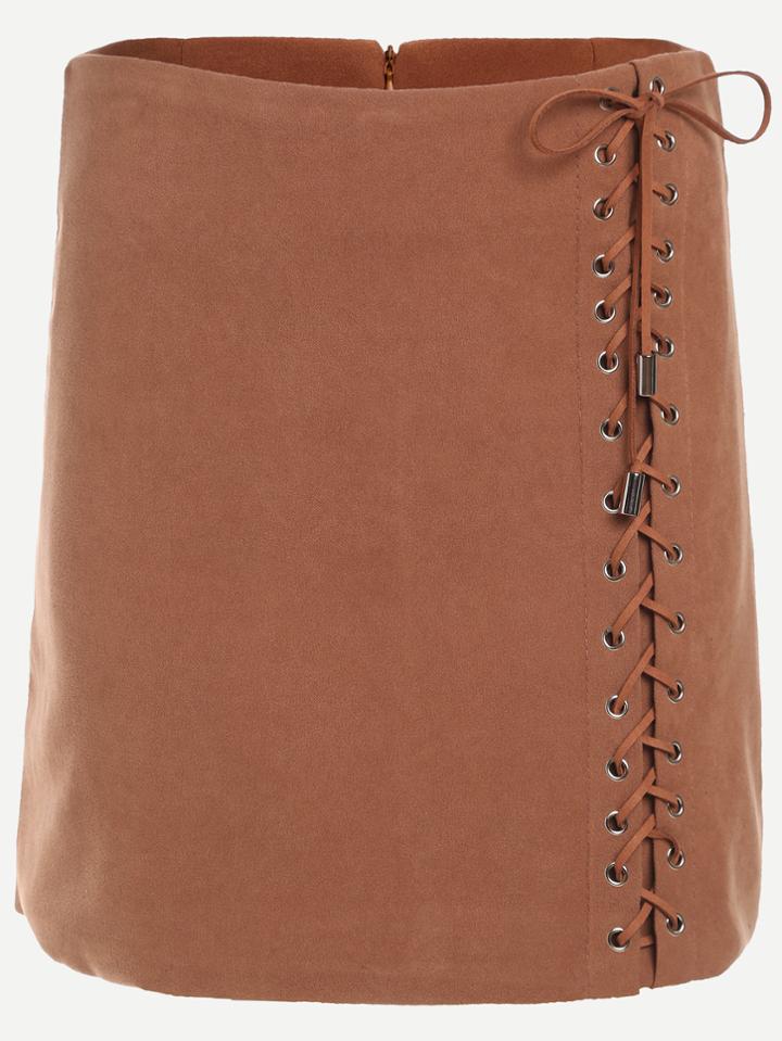 Romwe Camel Lace Up Side Zipper Back Skirt