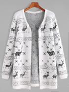 Romwe White Open Front Christmas Pattern Fuzzy Sweater Coat