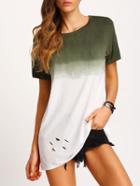 Romwe Green Ombre Short Sleeve Ripped T-shirt