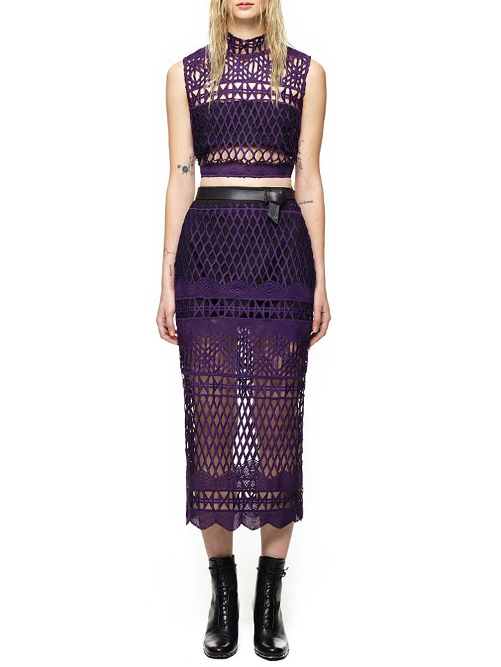 Romwe Stand Collar Hollow Tank Top With Zipper Purple Skirt