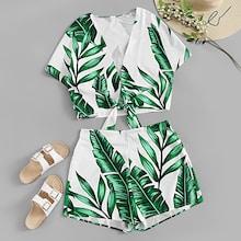 Romwe Plus Knot Hem Leaf Print Top With Shorts