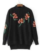 Romwe Flower Embroidery Dip Hem Ribbed Knit Sweater