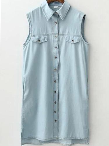 Romwe Lapel Dip Hem Slit Denim Dress