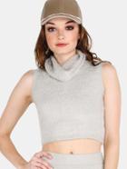 Romwe Sleeveless Turtleneck Fuzzy Knit Crop Top Grey