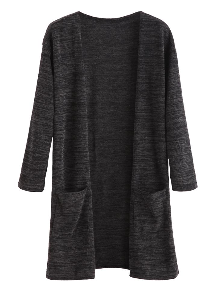 Romwe Dark Grey Pockets Long Cardigan