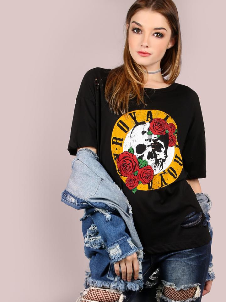 Romwe Oversized Burn Out Royalty Graphic Tee Black
