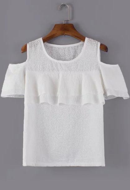 Romwe Open Shoulder Ruffle Embroidered Top