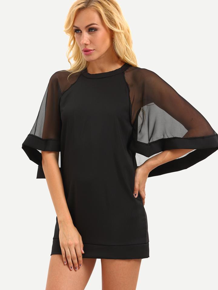 Romwe Sheer Mesh Overlay Sheath Dress - Black