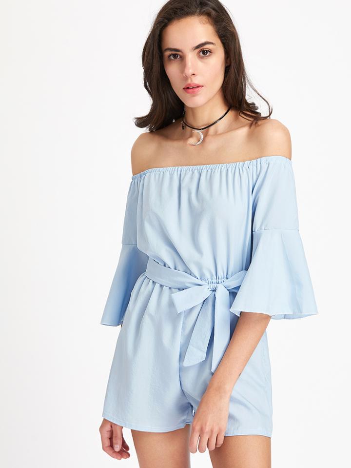 Romwe Bardot Bell Sleeve Self Tie Romper