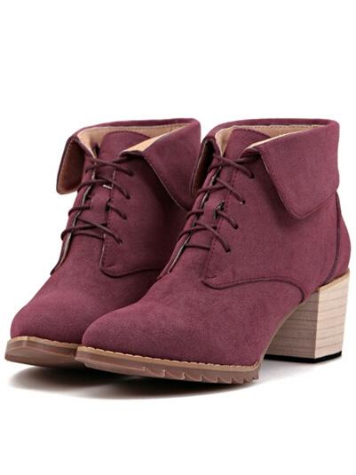 Romwe Wine Red Pointy Lace Up Rugged Boots
