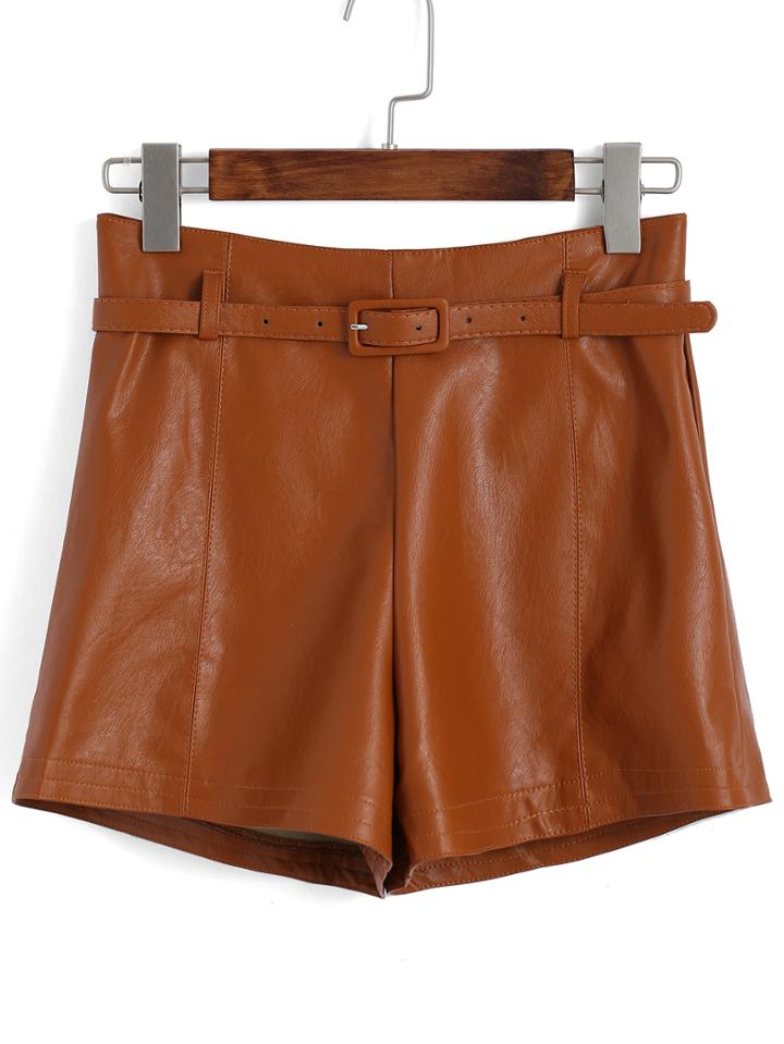 Romwe High Waist Belt Pu Shorts