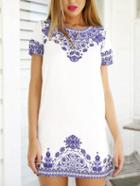 Romwe Short Sleeve Vintage Blue And White Print Pattern Dress