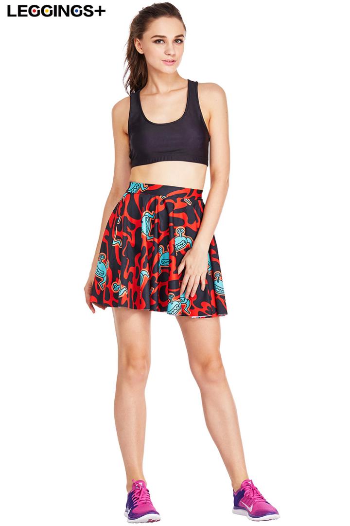 Romwe Leggings+ Green Alien Print Elastic Red Skirt