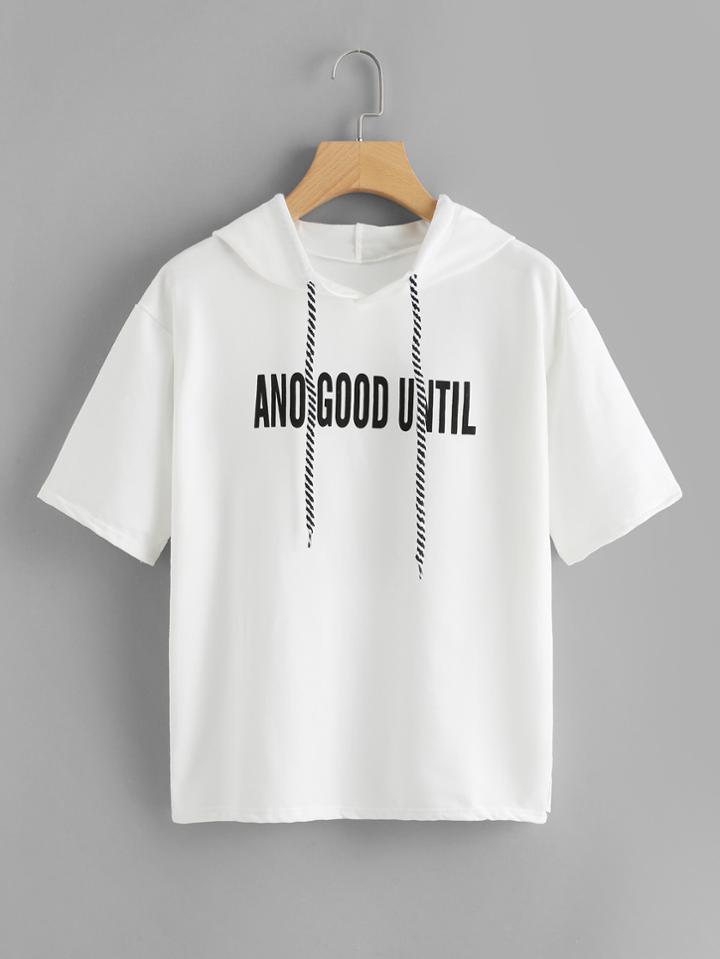 Romwe Slogan Print Drawstring Hooded Tee