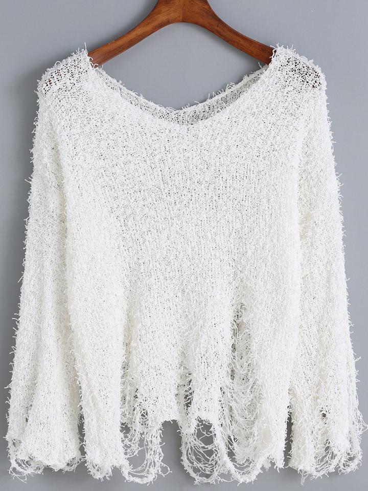 Romwe V Neck Shaggy Ripped Sweater