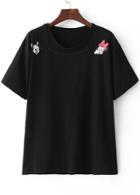 Romwe Mickey And Minnie Embroidered Black T-shirt