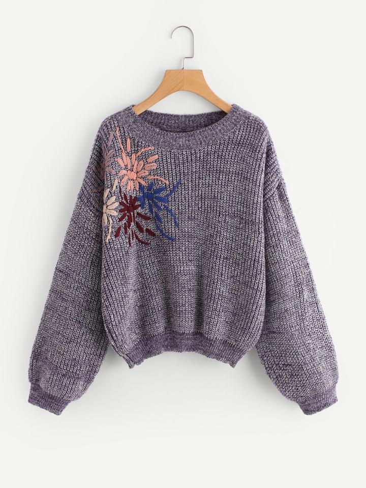 Romwe Drop Shoulder Embroidery Jumper