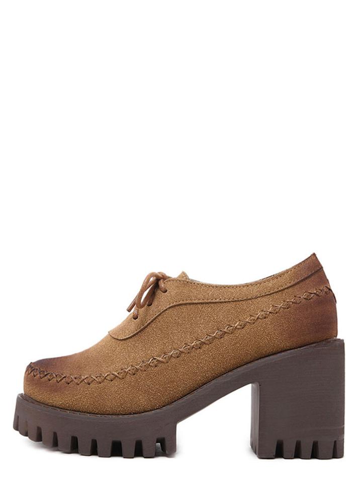 Romwe Brown Round Toe Lace-up Chunky Pumps
