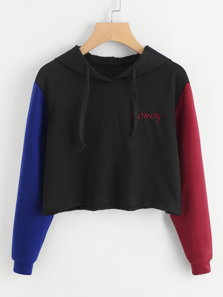Romwe Letter Embroidered Contrast Sleeve Raw Hem Hoodie