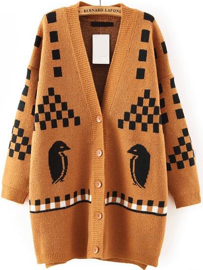 Romwe Bird Geometric Print Buttons Khaki Cardigan