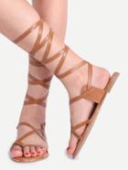 Romwe Brown Open Toe Lace Up Gladiator Sandals