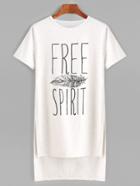 Romwe Pale Grey Printed High Low Slit Side T-shirt
