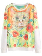 Romwe White Cat And Flower Print Sweatshirt