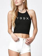 Romwe Letter Print Black Halter Neck Crop Top