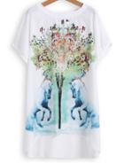Romwe Dip Hem Tree Horse Print White T-shirt