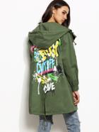 Romwe Army Green Graffiti Print Pockets Drawstring Hooded Coat