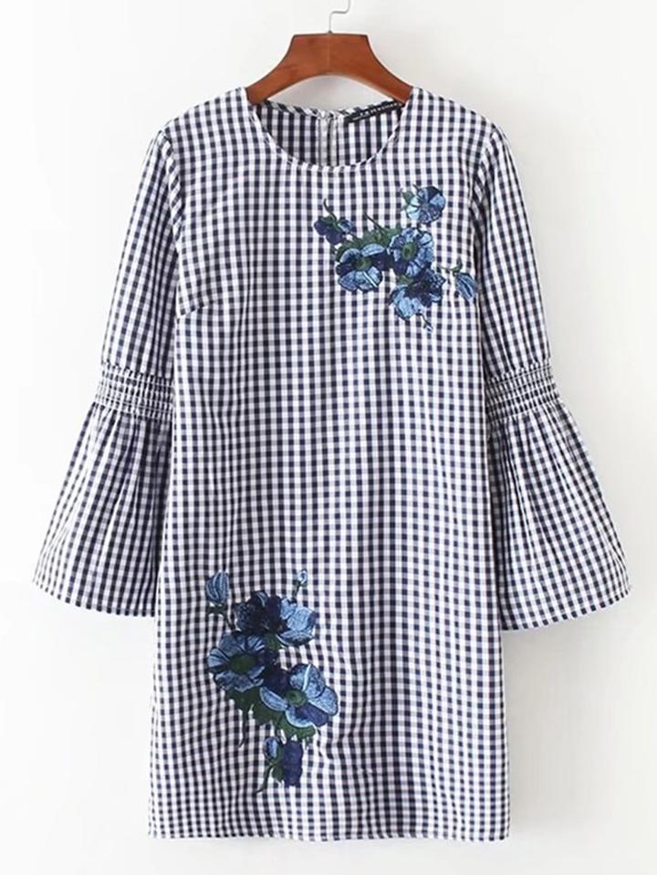 Romwe Bell Sleeve Flower Embroidery Gingham Dress