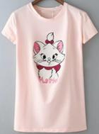 Romwe Cat Pattern Loose Pink T-shirt