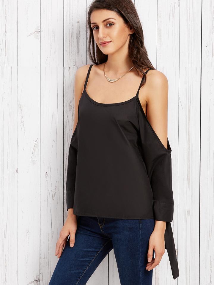 Romwe Black Cold Shoulder Tie Sleeve Top