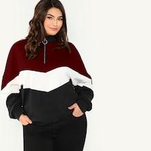 Romwe Plus Zip Front Color Block Chevron Sweatshirt