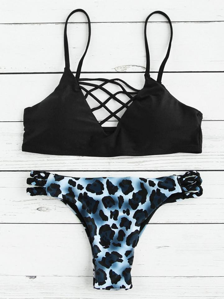 Romwe Criss Cross Ladder Cutout Leopard Bikini Set