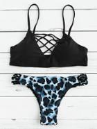 Romwe Criss Cross Ladder Cutout Leopard Bikini Set