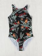 Romwe Tropical Print Open Back Swimsuit