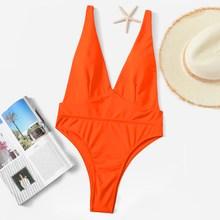 Romwe Seam Plunge Open Back One Piece Swimsuit